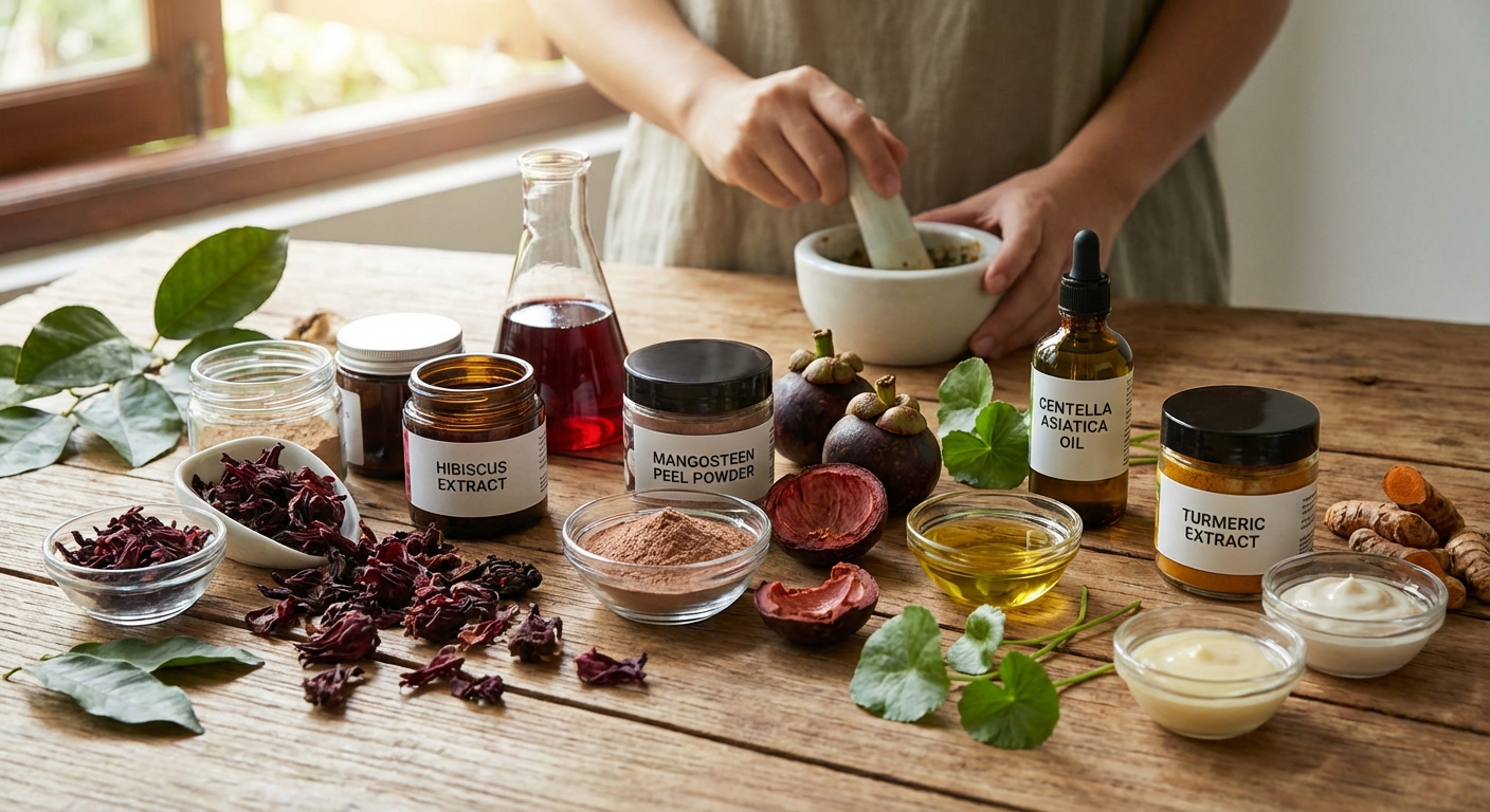 A collection of Malaysian botanical extracts like hibiscus and mangosteen used in skincare formulation.