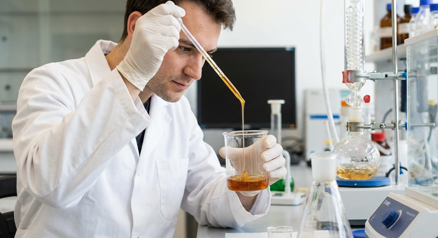 A scientist in a lab coat carefully examining a serum's consistency and texture.