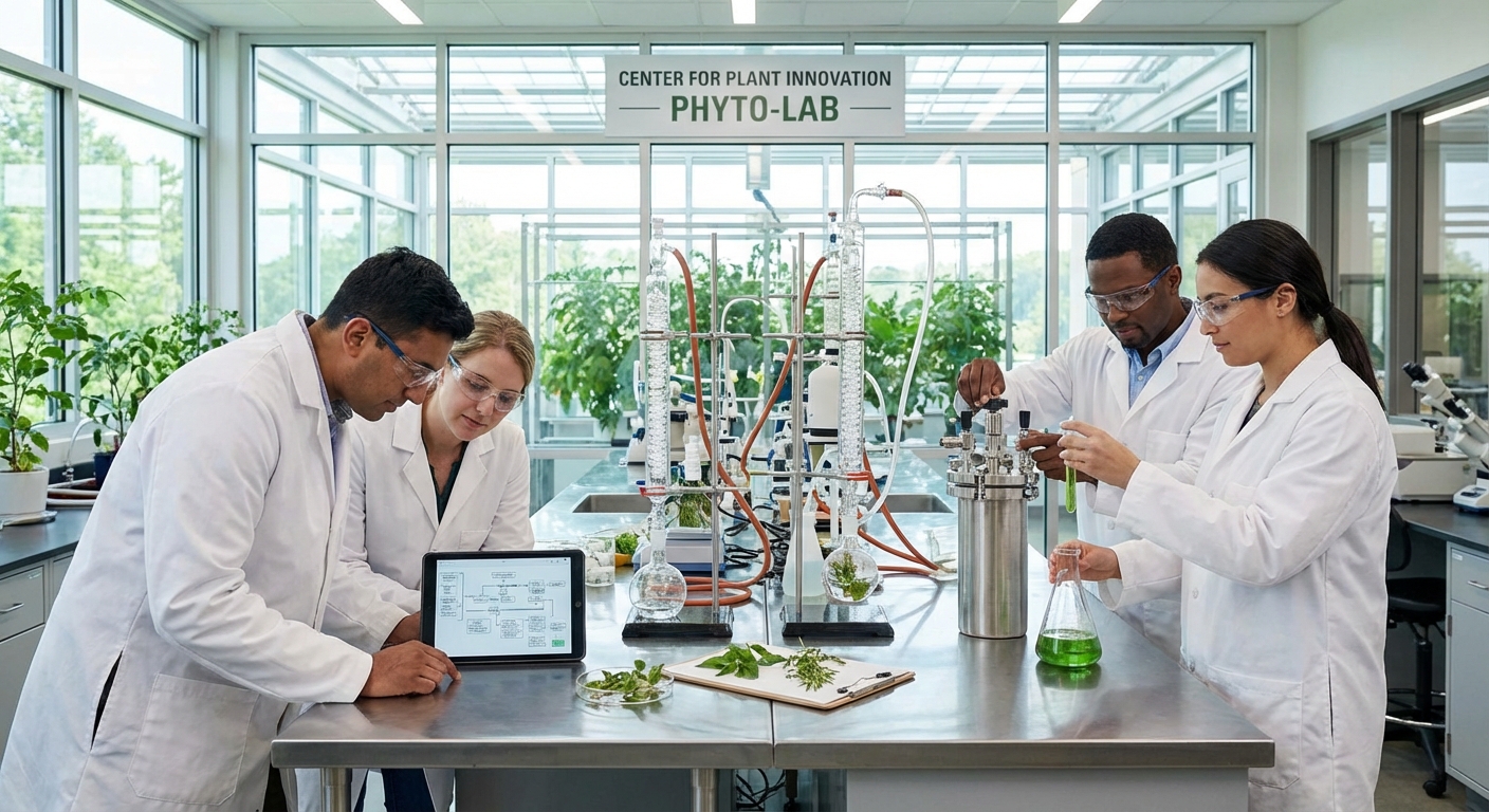 Scientists collaborating on botanical extraction methods in a modern laboratory.