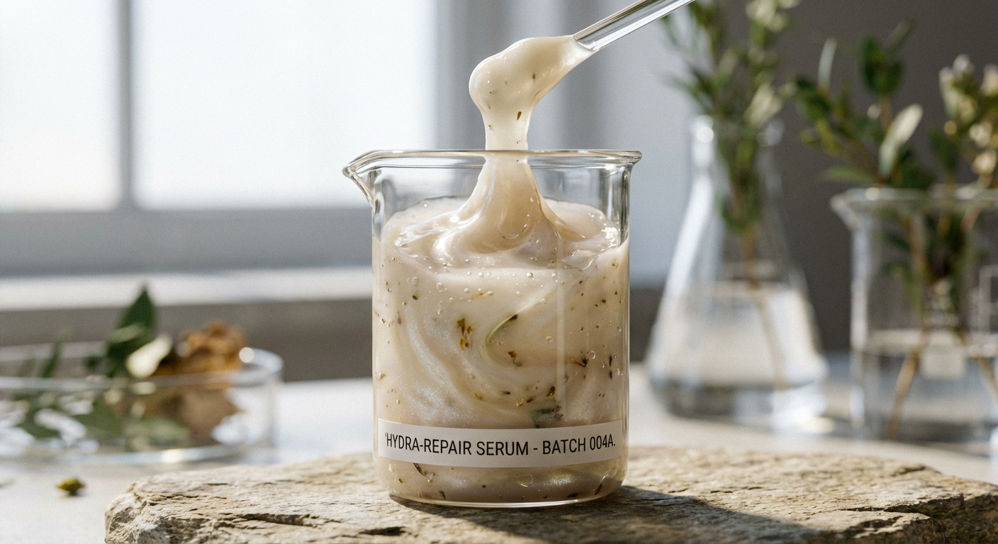 Close-up of a high-quality skincare formulation in a beaker, showcasing its texture.