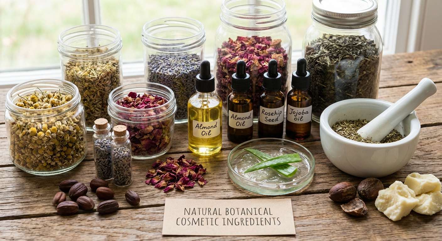 Close-up of natural botanical ingredients used in cosmetic formulation.