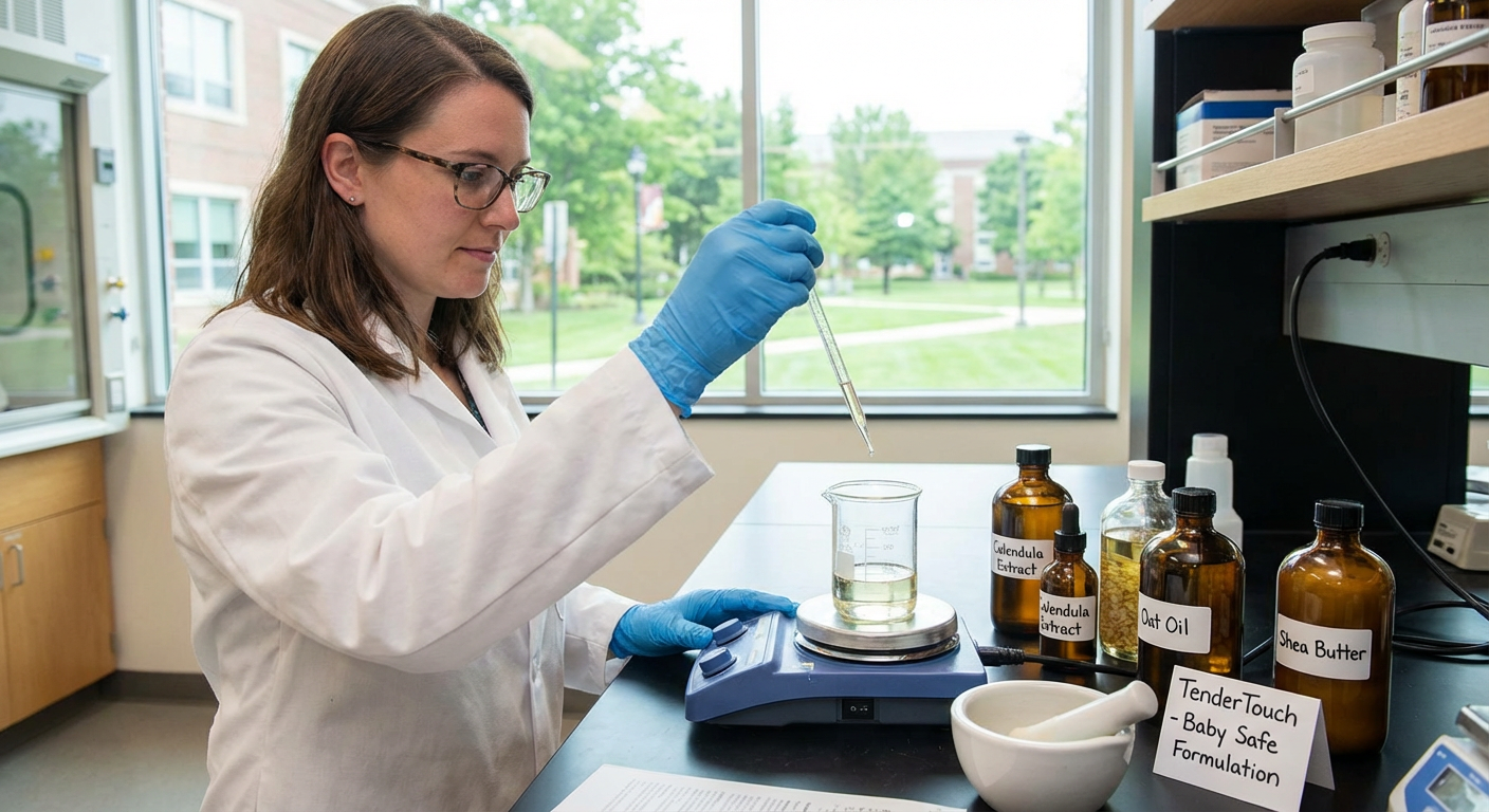 A scientist carefully formulating a baby-safe cosmetic product in a lab.