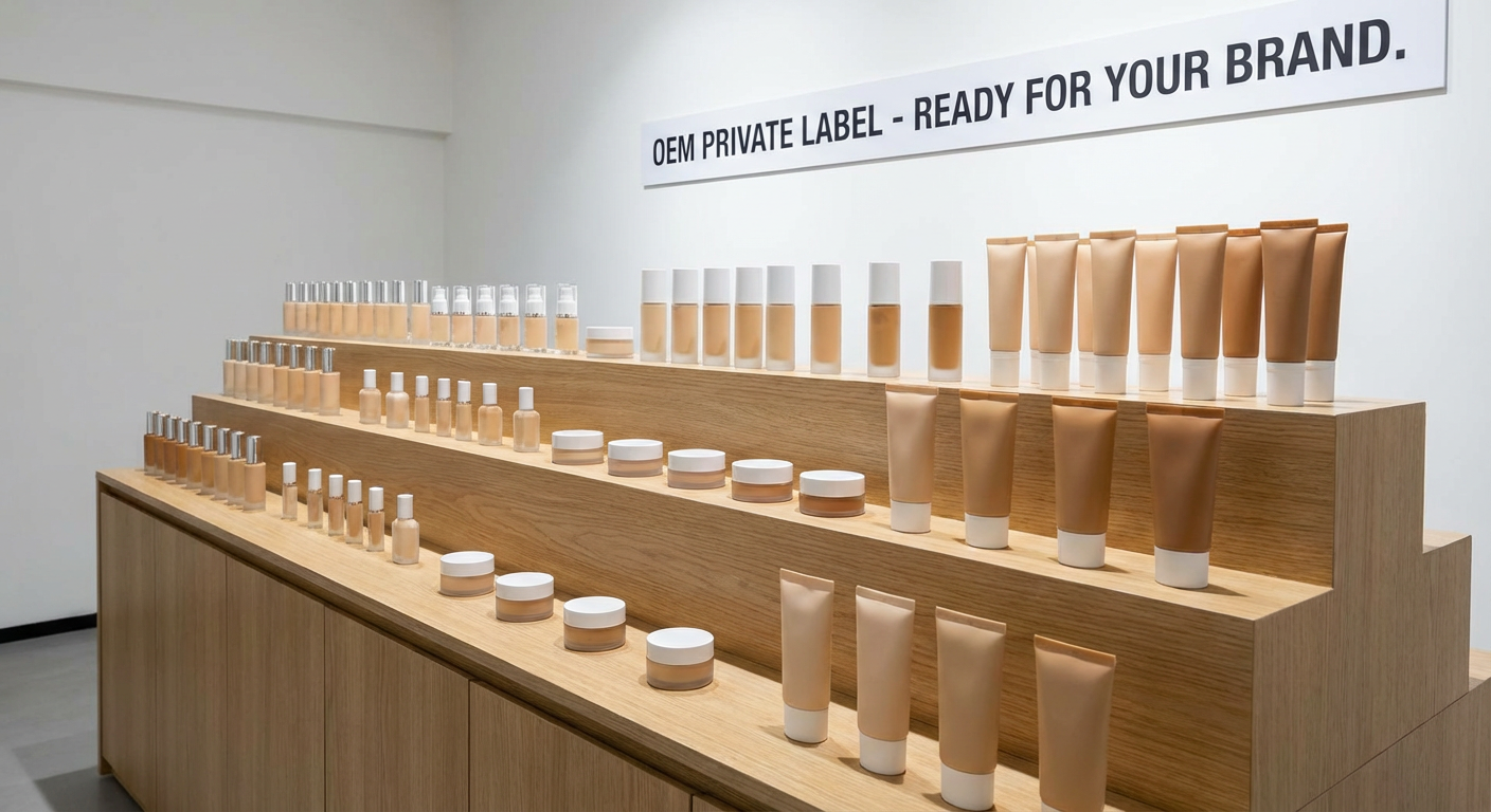 A display of our finished OEM foundation products ready for branding.