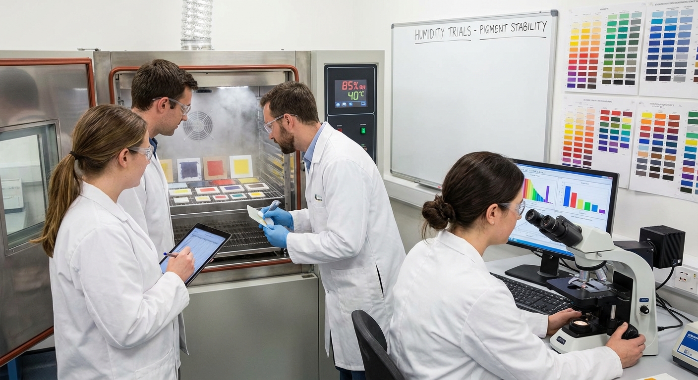 Our R&D team analysing pigment performance under simulated humid conditions.