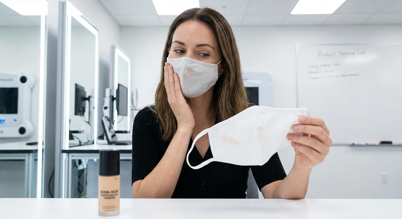 A consumer testing the transfer-resistance of our foundation formula on a face mask.