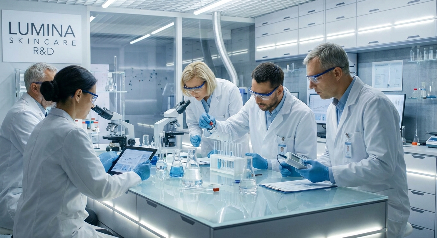 Our R&D team carefully formulating synergistic skincare solutions.